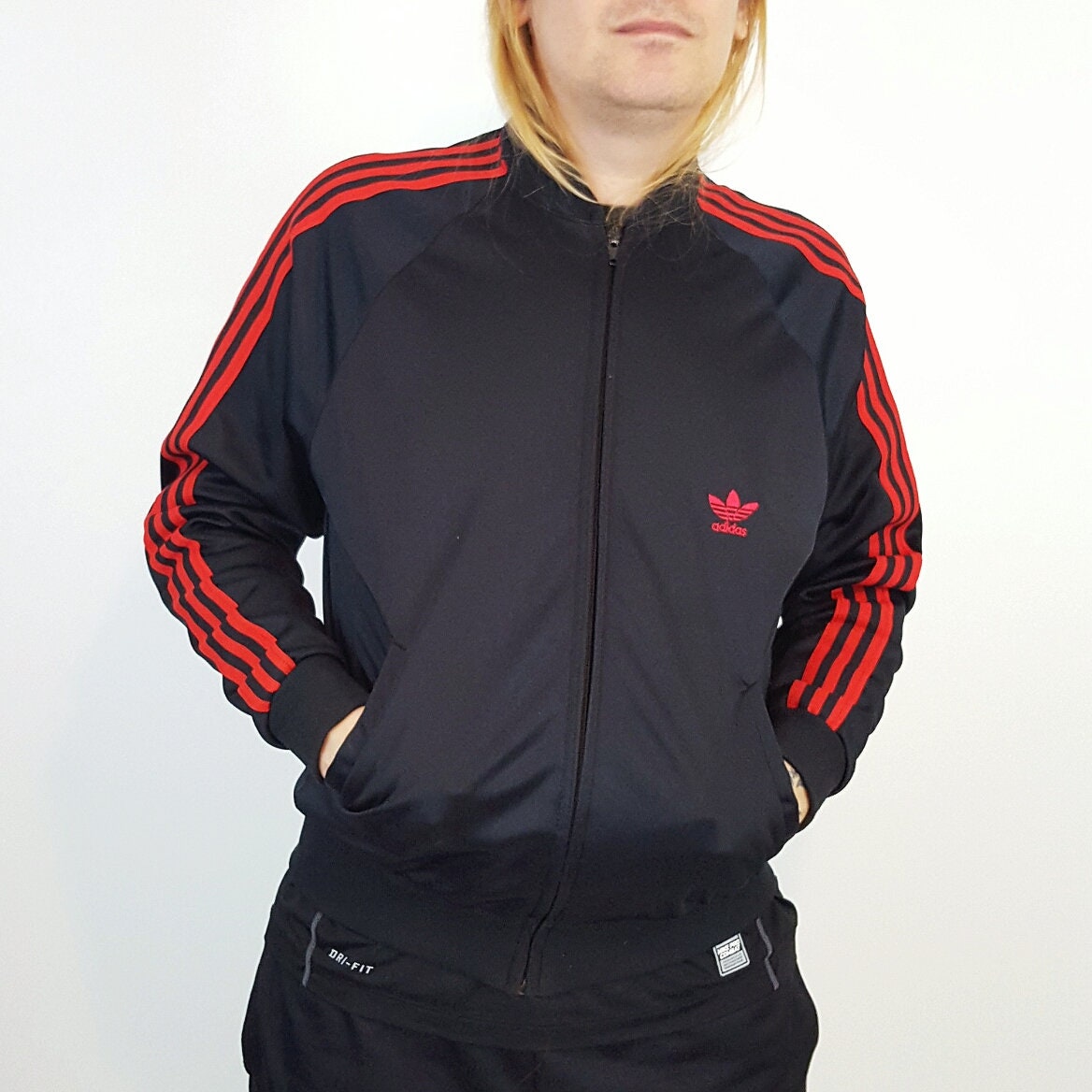 adidas track jacket black with red stripes