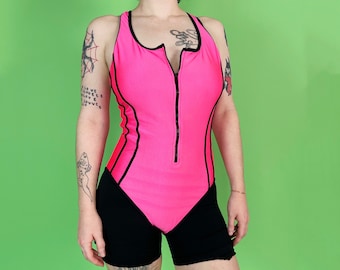 80's One Piece Neon Pink Swimsuit 4/6- One Piece Vintage Beach Babe Zip Front Hot Pink Sporty Swim - Basic Swimsuit One Piece Black Pink