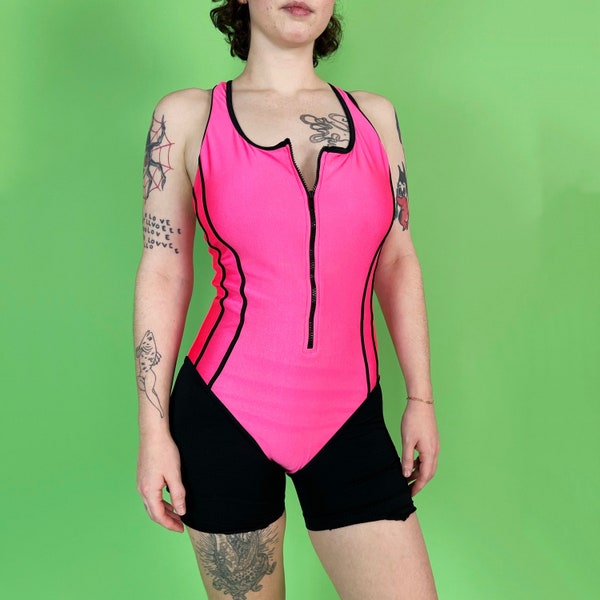 80's One Piece Neon Pink Swimsuit 4/6- One Piece Vintage Beach Babe Zip Front Hot Pink Sporty Swim - Basic Swimsuit One Piece Black Pink