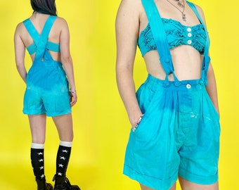 90s Cut Out Shorts Suspender Romper Small - Bleach Tie Dyed BLUE Cotton Summer One Piece - 1 of 1 Vintage Casual Playsuit Mid-drift Overalls