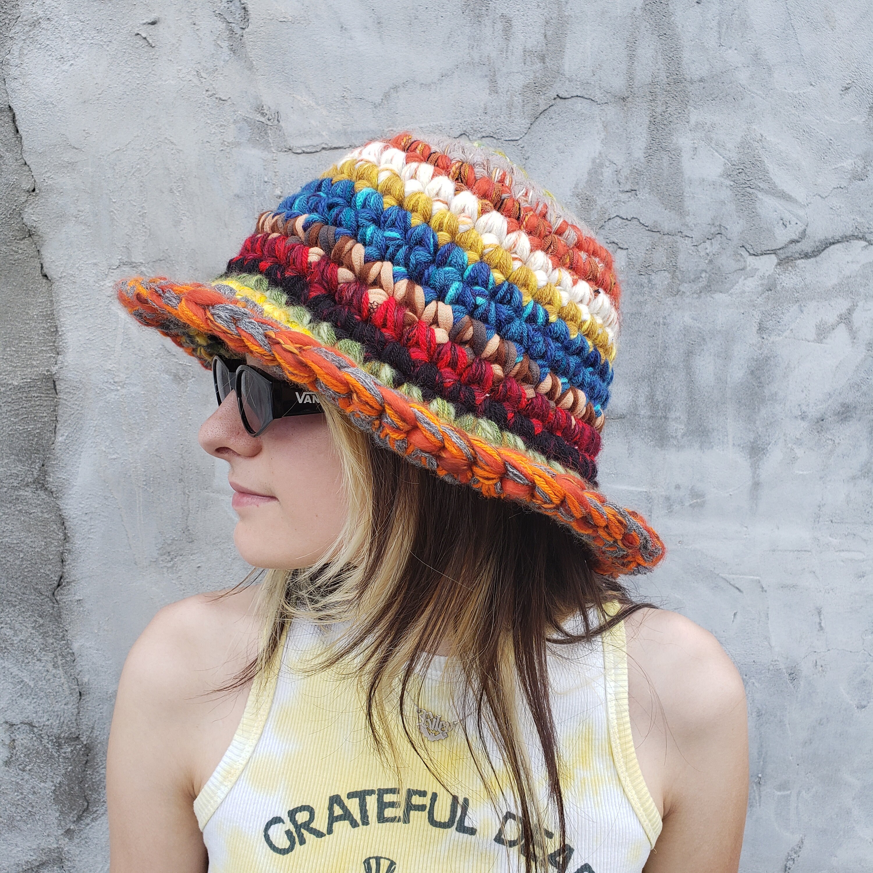 Handmade Crochet Rainbow Bucket Hat 