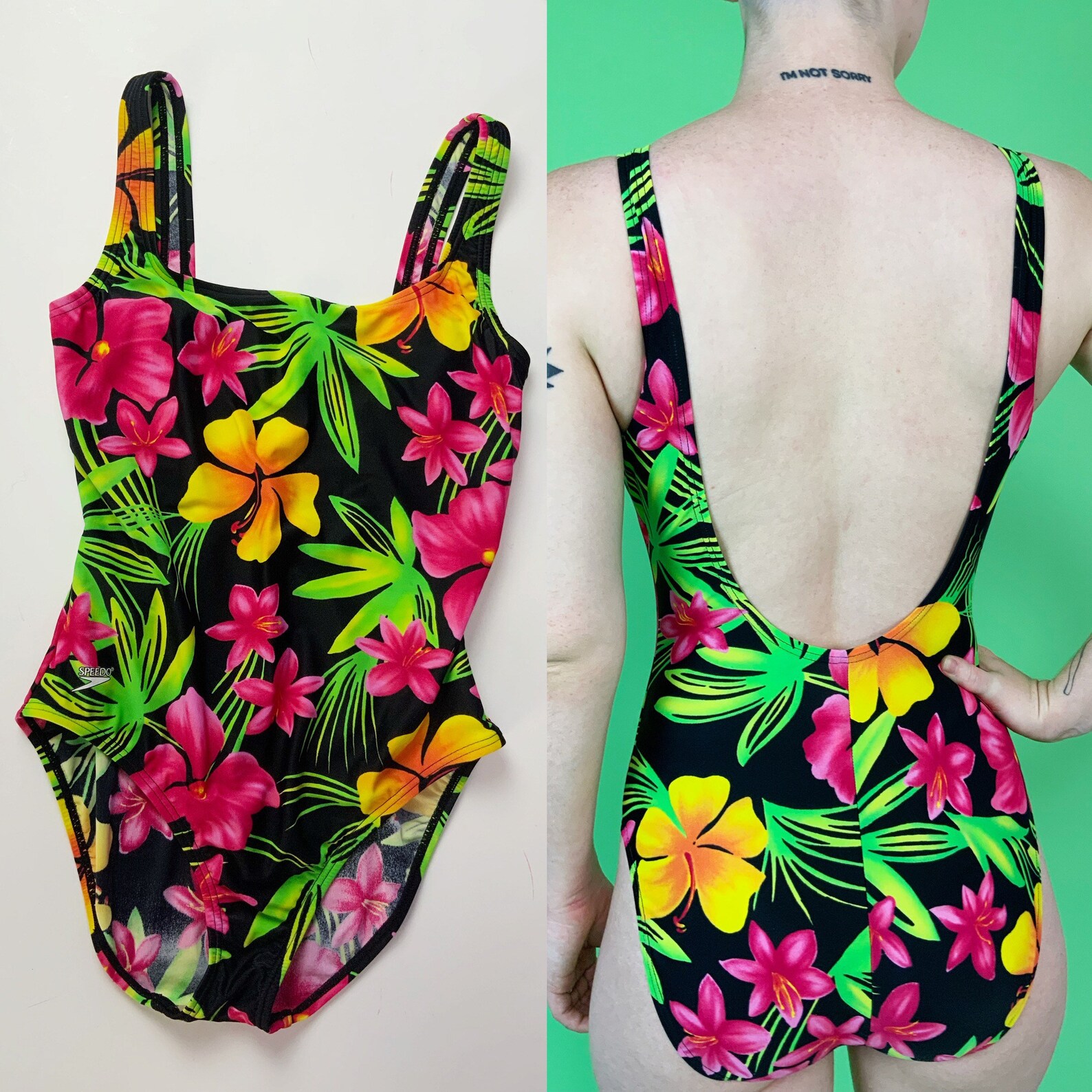 Y2K Tropical Neon One Piece Swimsuit 7 8 Black Pink Green Etsy Ireland