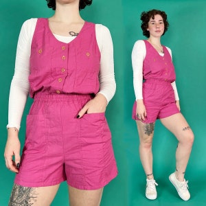 90's Vintage ROMPER One Piece Button Front Shorts Suit Medium - Solid Basic Berry Pink Playsuit Romper Summer Casual VTG - Sleeveless Romper