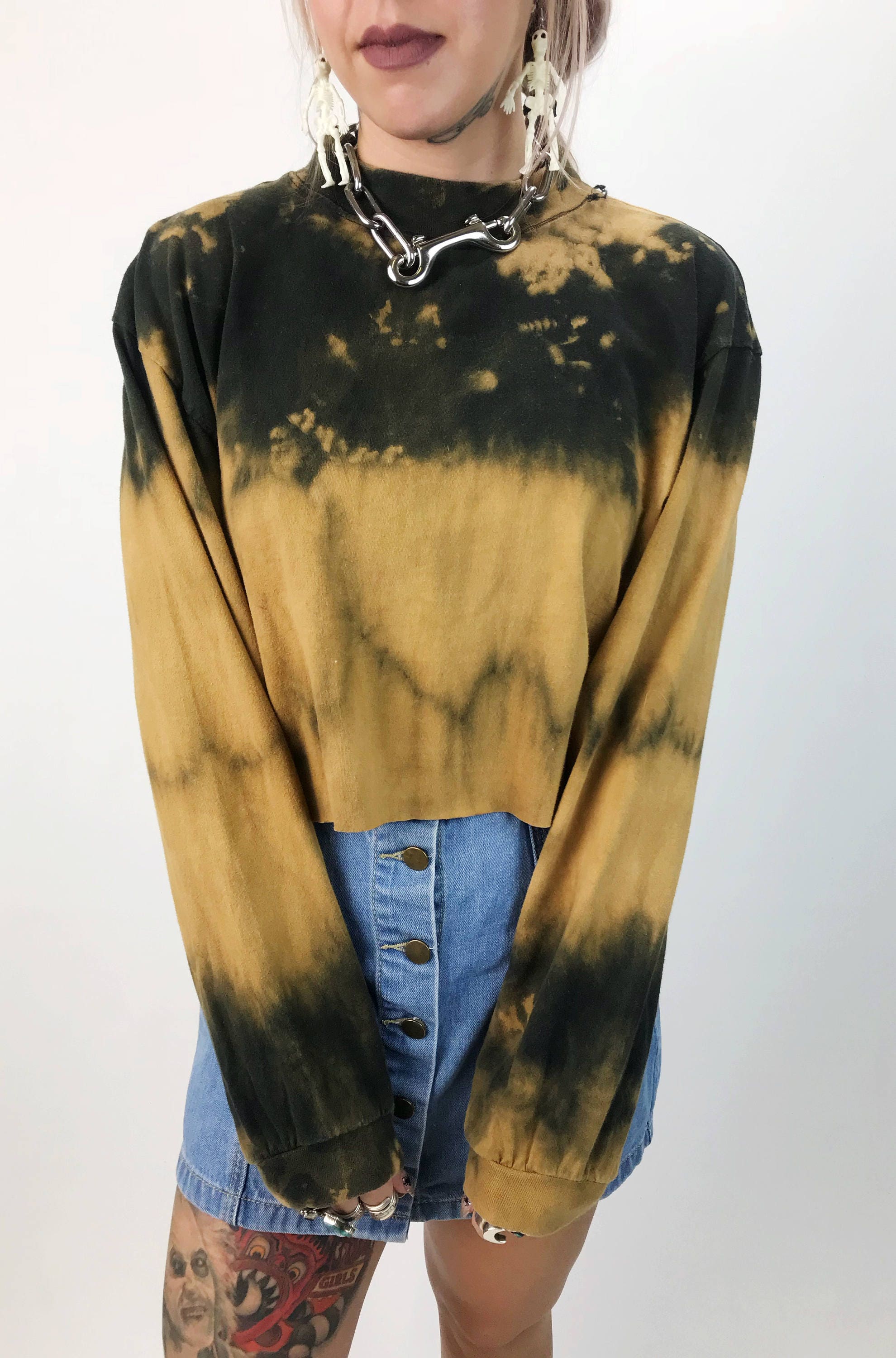 Download 90s Mock Neck Tie Dye Bleached Long Sleeve Cropped Tee ...