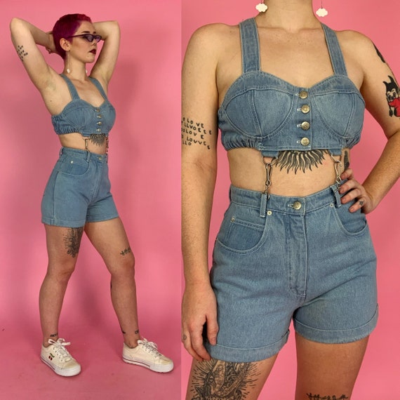 RARE 90's Cut Out Denim Shorts Romper Medium US 8