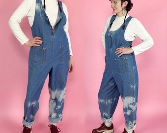 90's Vintage Denim Jean Jumper Overalls Womens Medium - Baggy Loose Blue Jean Tie Dye Bleached Jumpsuit - Nineties Grunge Denim One Piece