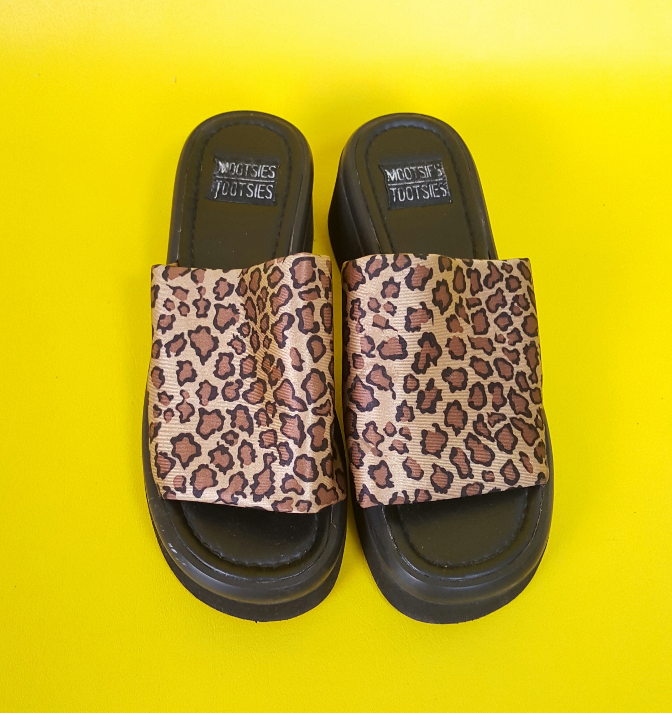 Vintage 90s Brown Black Leopard Print Chunky Heel Slide