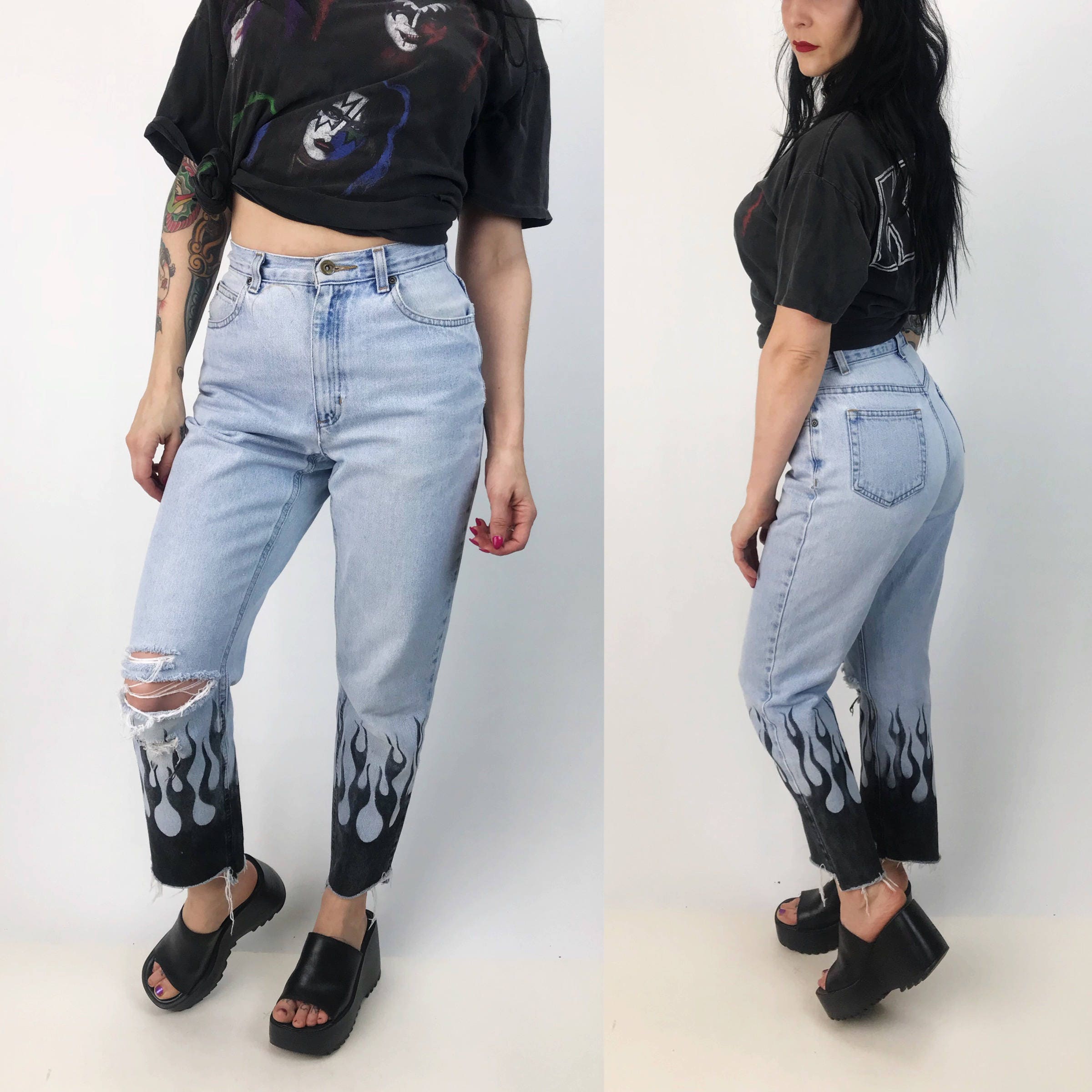 mom jeans with flames