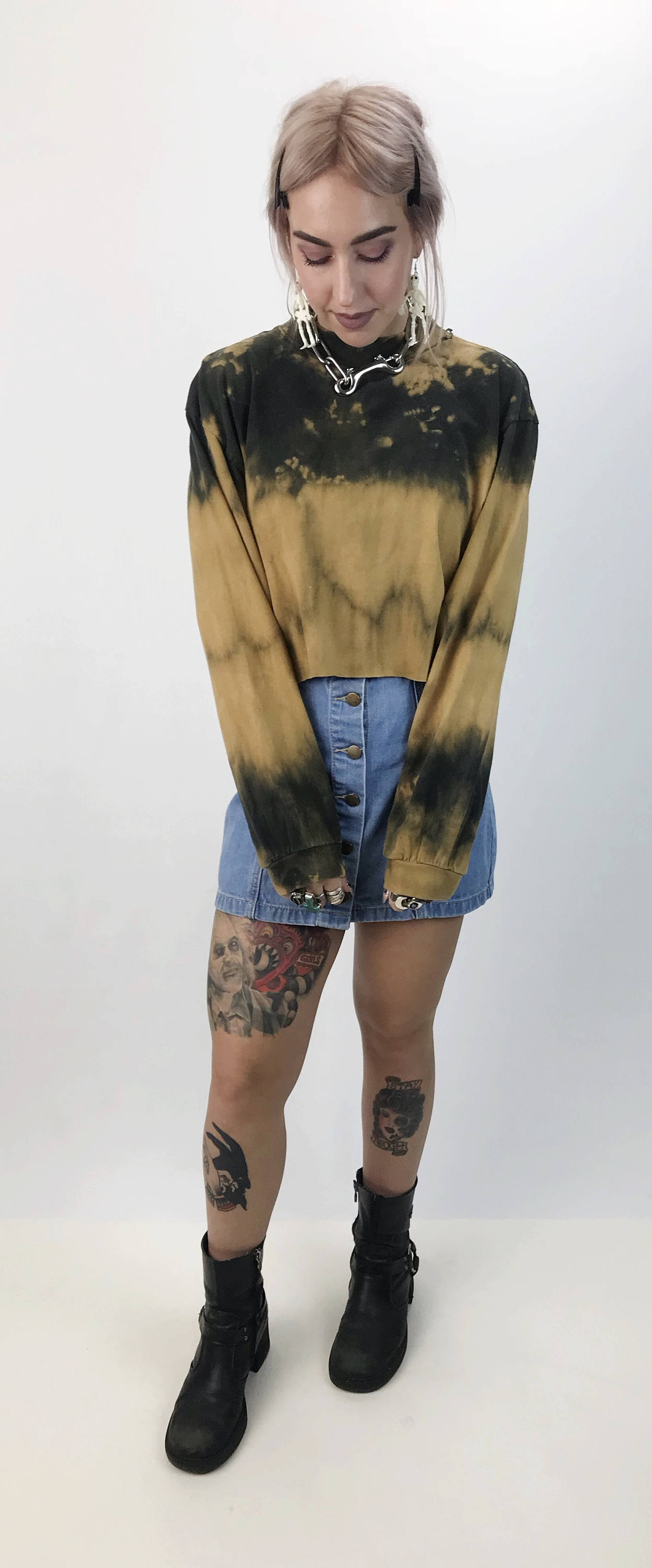 Download 90s Mock Neck Tie Dye Bleached Long Sleeve Cropped Tee Shirt Medium - Upcycled Bleach Black/Tan ...