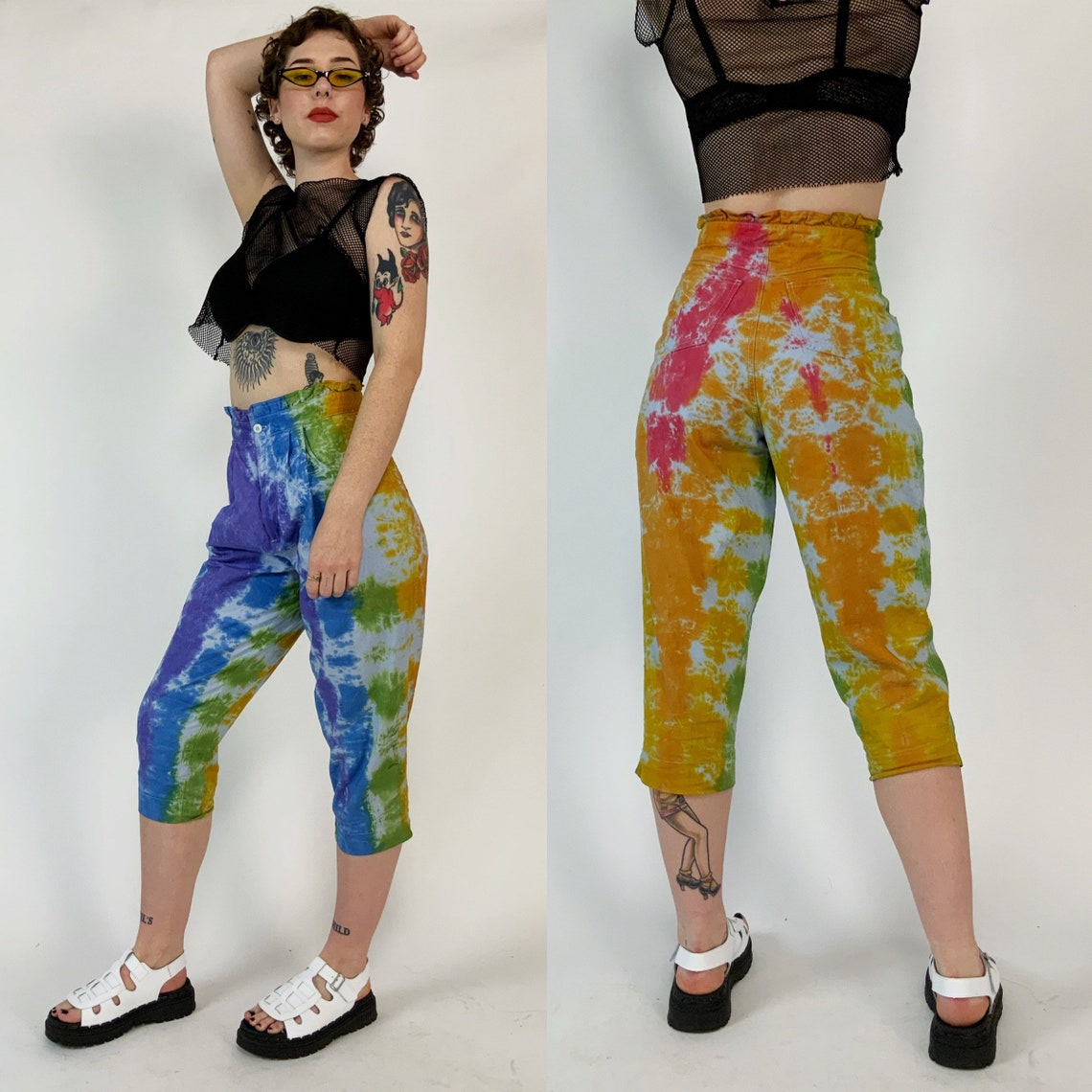 90's Tie Dye Capri Trousers Hand-dyed Rainbow Pants Small | Etsy