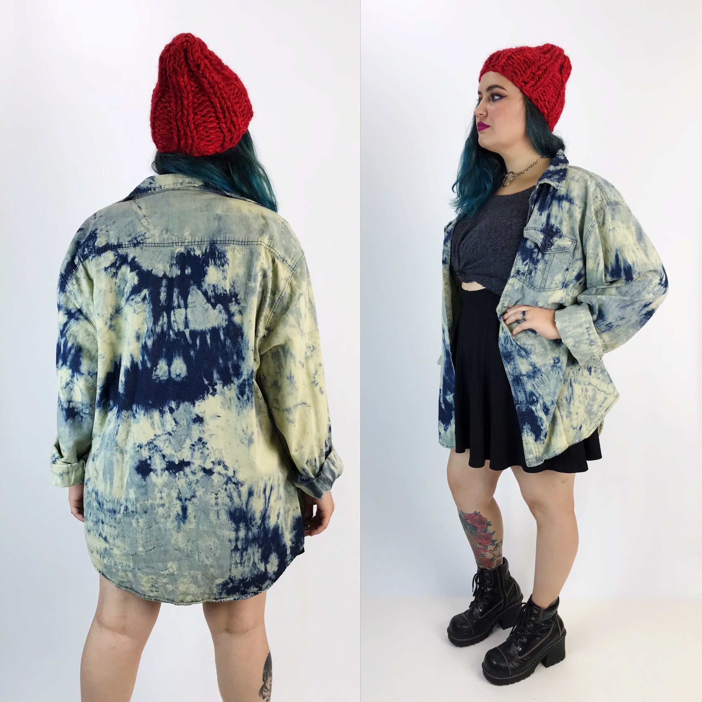 Denim Tie Dye Bleached Denim Button Up Shirt Adult 2XL Plus - Blue & White Acid Wash Grunge 