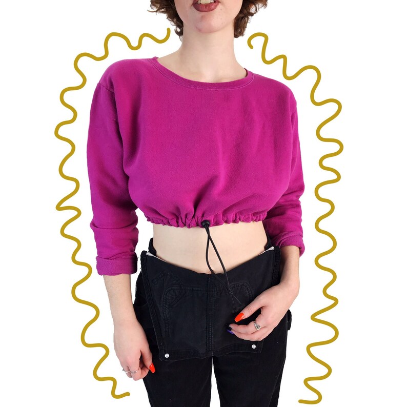 Womens Hot Pink Elastic Waist Long Sleeve Upcycled Remade Sporty Grunge Sweats Elastic Drawstring Waist Cropped Pullover Sweatshirt SM