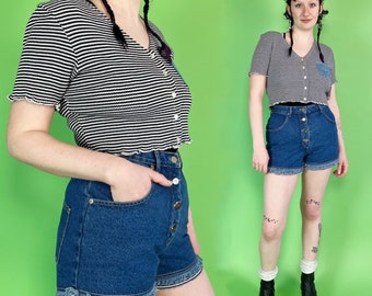 90s Vintage Two Piece Top & Shorts Set Womens Medium - RARE 1990s Matching Outfit - Blue White Striped Ribbed Crop + Denim Shorts Casual Set