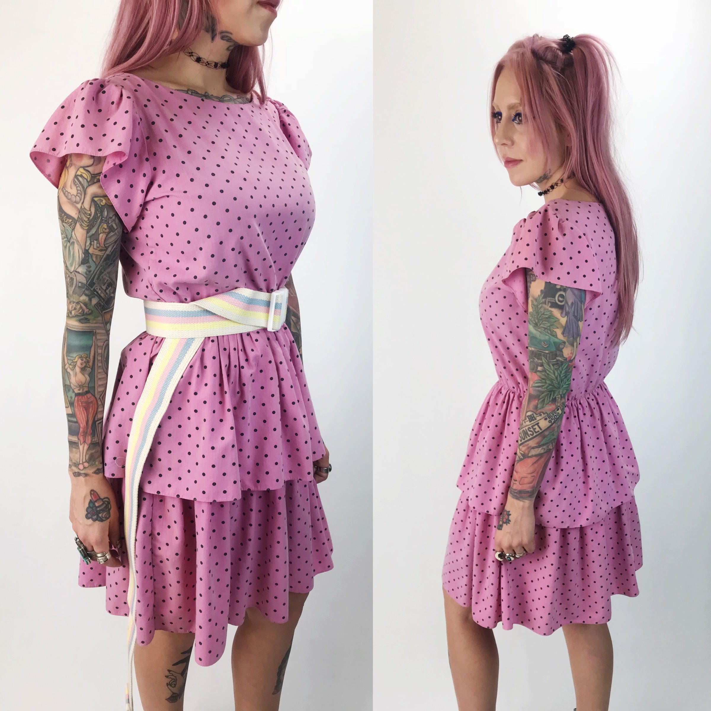 pink polka dot ruffle dress