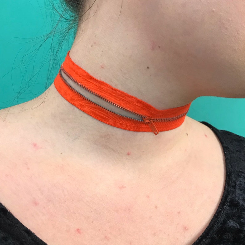 Zipper Choker ORANGE Remade Upcycled Unique Necklace Thick Weird Recycled Grunge Choker One of a Kind Double Strand Vintage Funky Choker