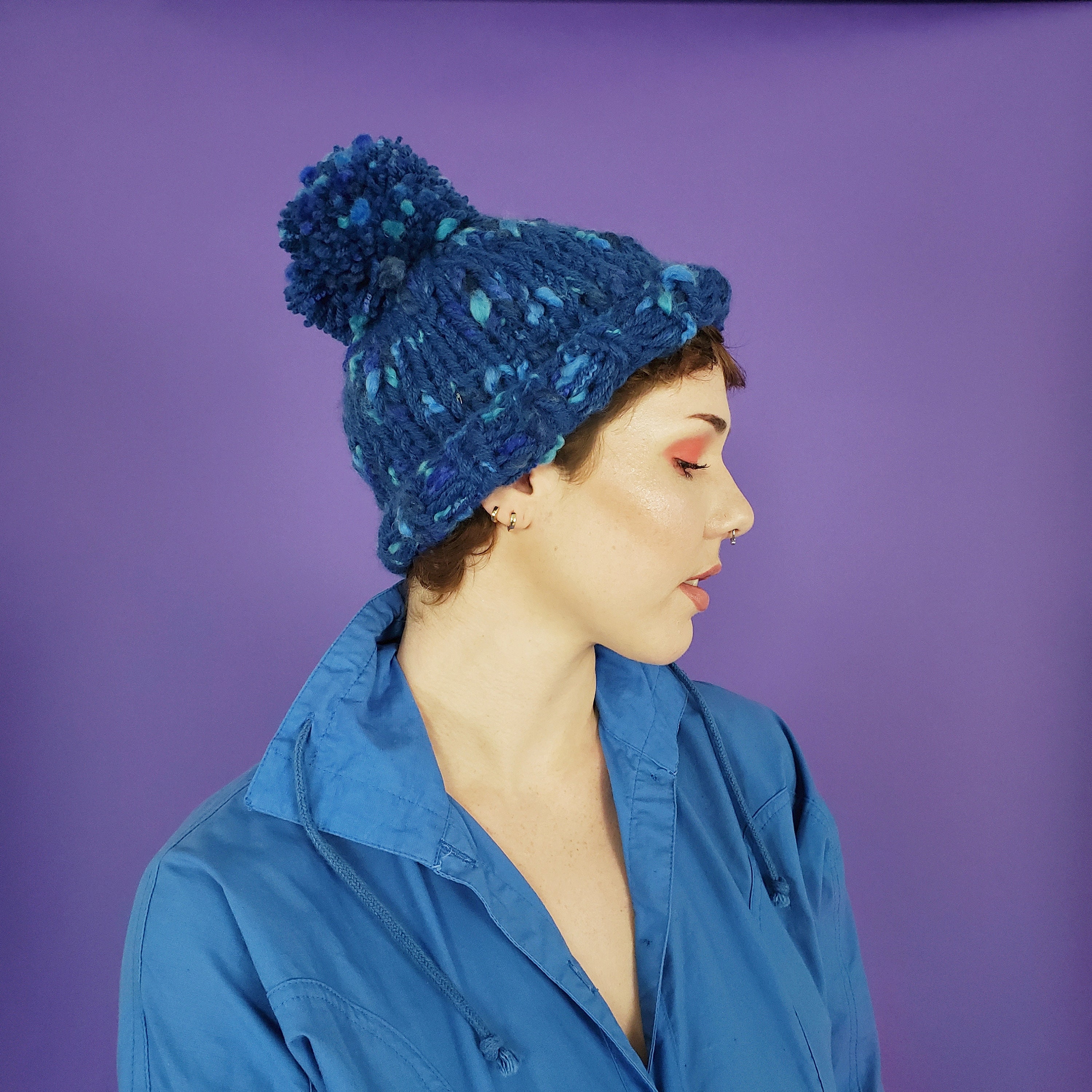 Handknit Blue Beanie Hat with Pompom 