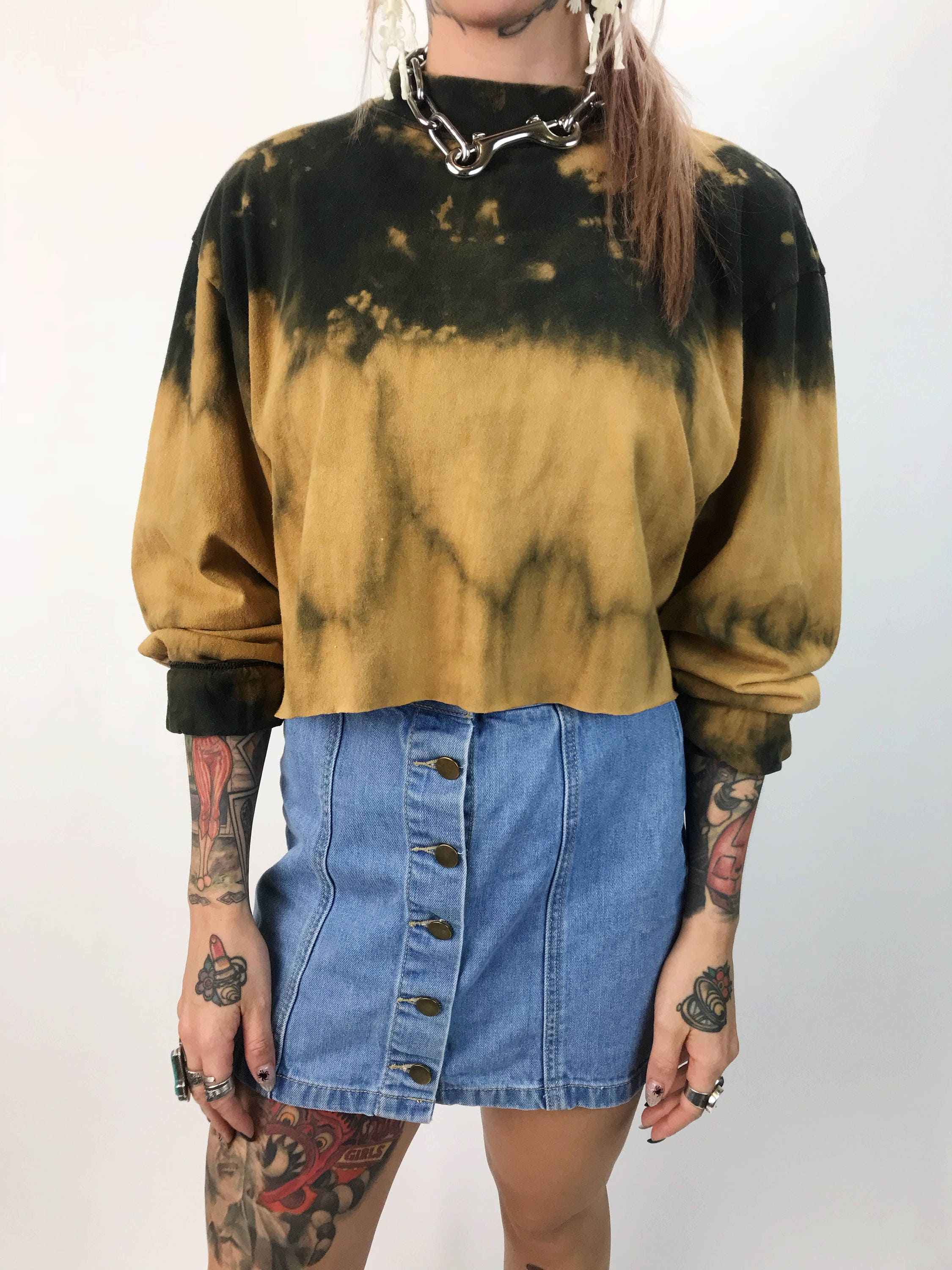 90s Mock Neck Tie Dye Bleached Long Sleeve Cropped Tee Shirt Medium ...