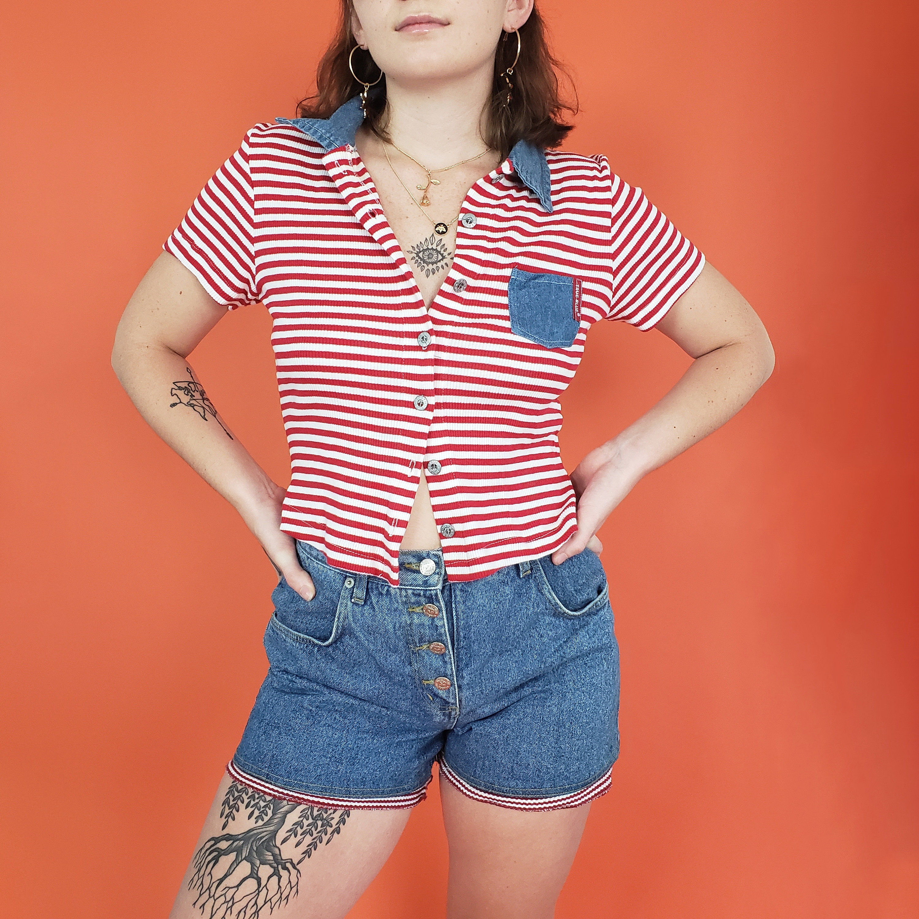 White Striped Denim Collar Tee Shorts Set