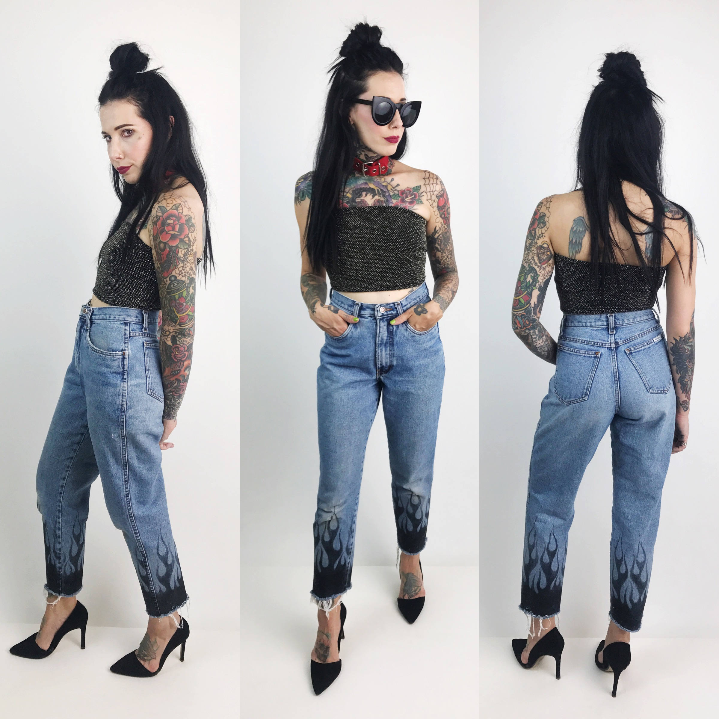 mom jeans with flames