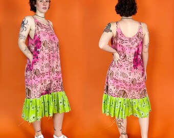 Vintage Upcycled Shirt Dress w/ Matching Scrunchie Size M-L - Mixed Prints Midi Dress - Drop Waist Funky Unique Neon Ruffle Hem Slip Dress