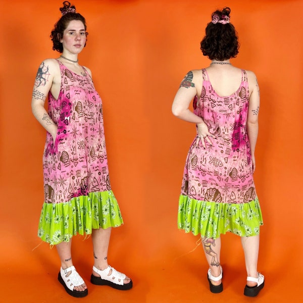 Vintage Upcycled Shirt Dress w/ Matching Scrunchie Size M-L - Mixed Prints Midi Dress - Drop Waist Funky Unique Neon Ruffle Hem Slip Dress