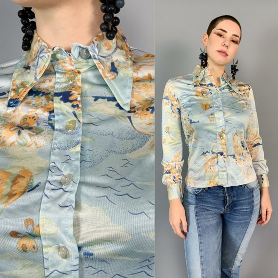 70's Pastel Landscape Allover Butterfly Print Retro Collar Top Small - Womens Seventies Vintage Poly Button Up Blouse Stretchy Top w/ Collar