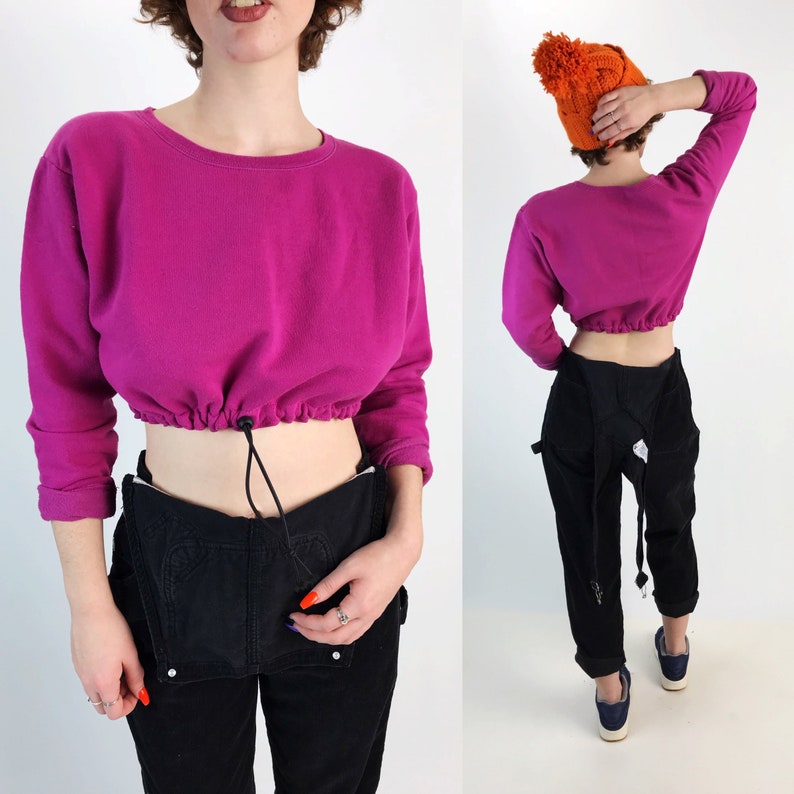 Womens Hot Pink Elastic Waist Long Sleeve Upcycled Remade Sporty Grunge Sweats Elastic Drawstring Waist Cropped Pullover Sweatshirt SM
