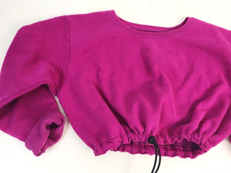 Womens Hot Pink Elastic Waist Long Sleeve Upcycled Remade Sporty Grunge Sweats Elastic Drawstring Waist Cropped Pullover Sweatshirt SM