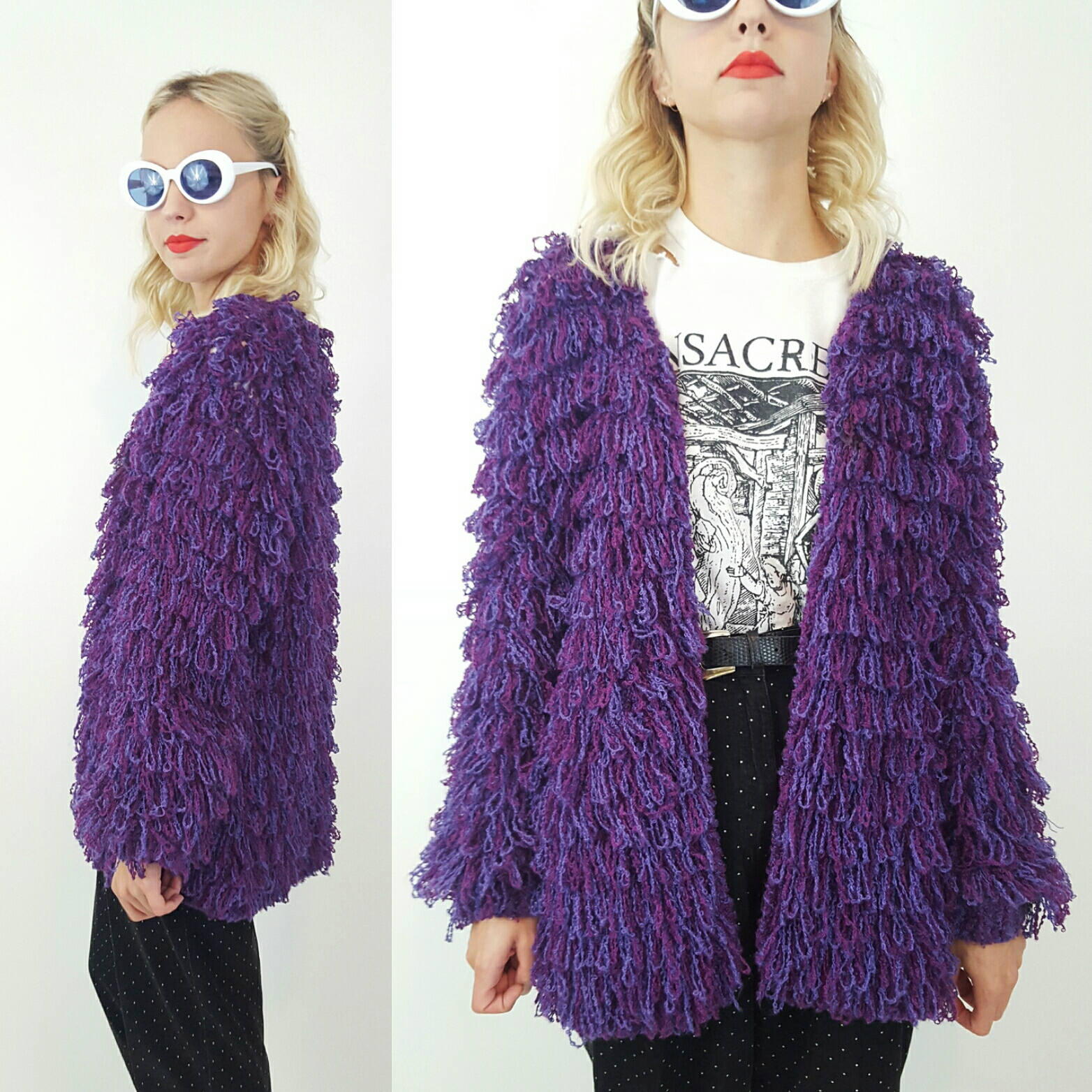 purple shaggy cardigan