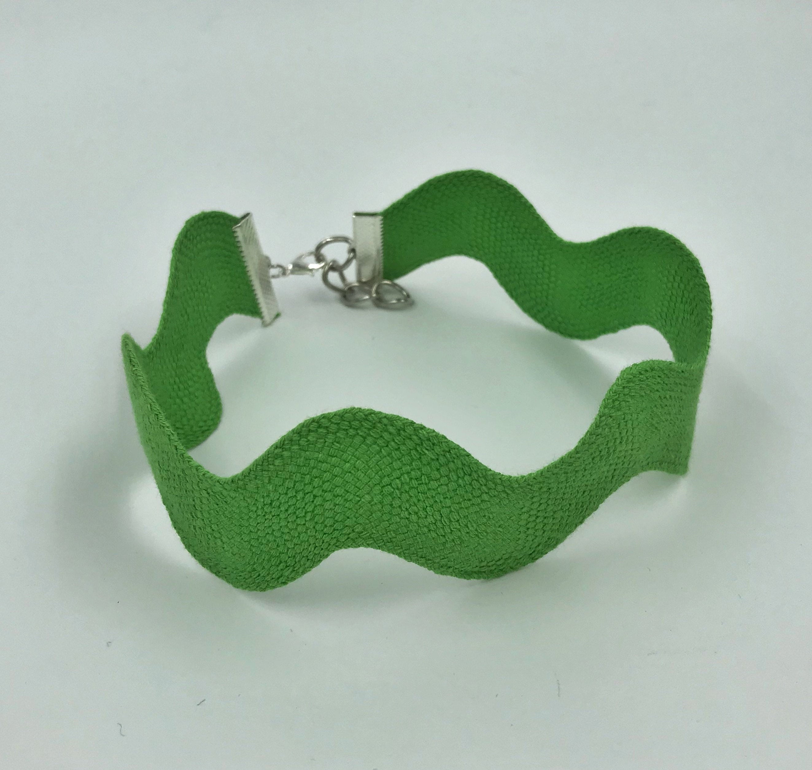 Green Wavy Statement Choker Handmade Upcycled Necklace Fun Kitschy Cute Recycled Vintage Bric Brac Trim Thick Weird Choker Neck Accessory