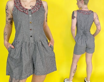 90's Black & White Gingham Shorts Romper Medium 6/8 - Deadstock Vintage Summer Shorts One Piece - Casual Preppy Sleeveless Romper w/ Pockets