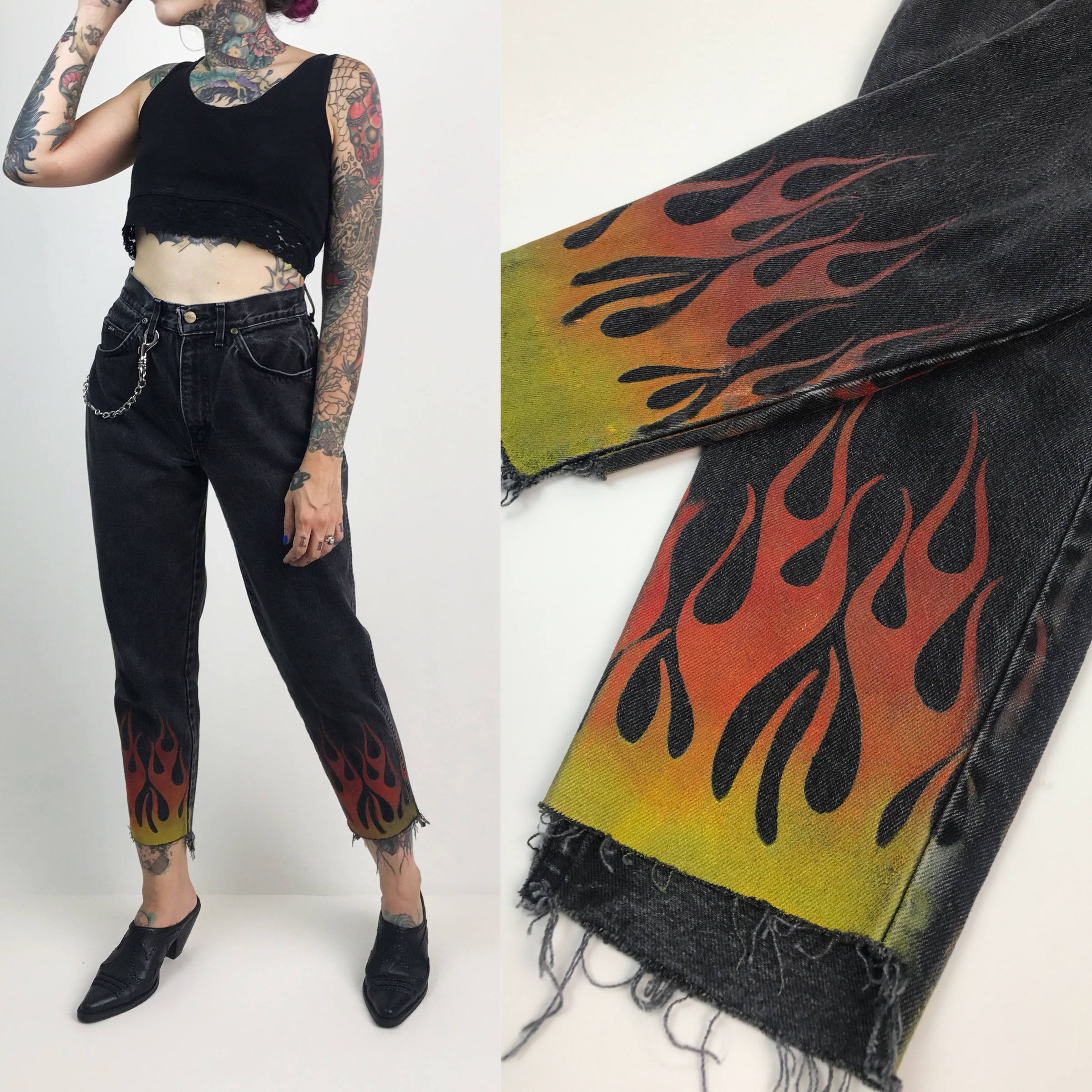 mom jeans with flames