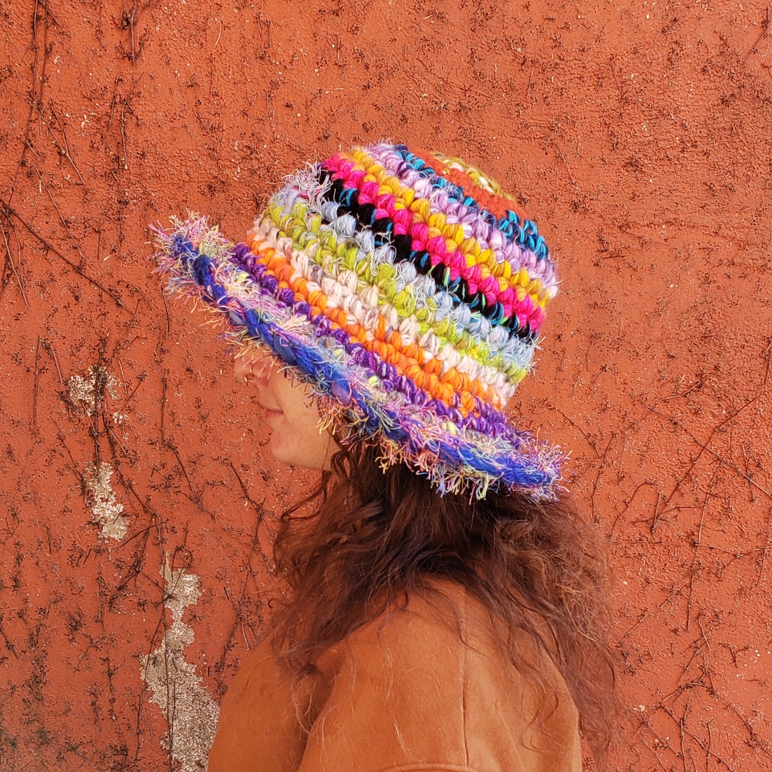 Handmade Crochet Rainbow Bucket Hat 