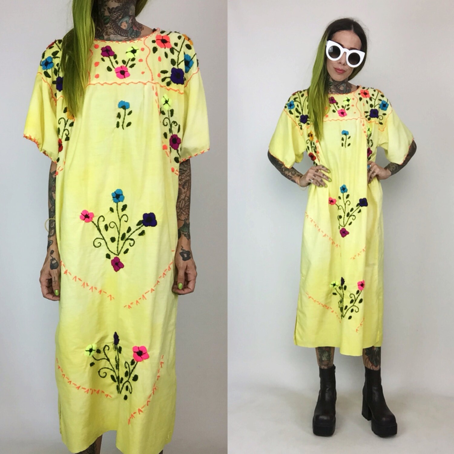 Embroidered Neon Colorful Mexican Maxi 