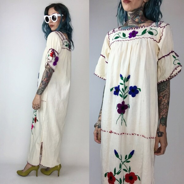 Embroidered Colorful Mexican Maxi Dress Caftan Small Medium - Long Maxi Dress Mexico Hand Embroidery - Vtg Handmade Dress Mexico Cotton