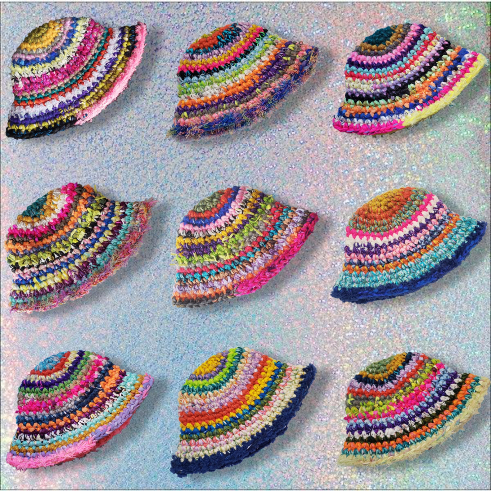 Handmade Crochet Rainbow Bucket Hat Unique Multi Color Stripe Womens 