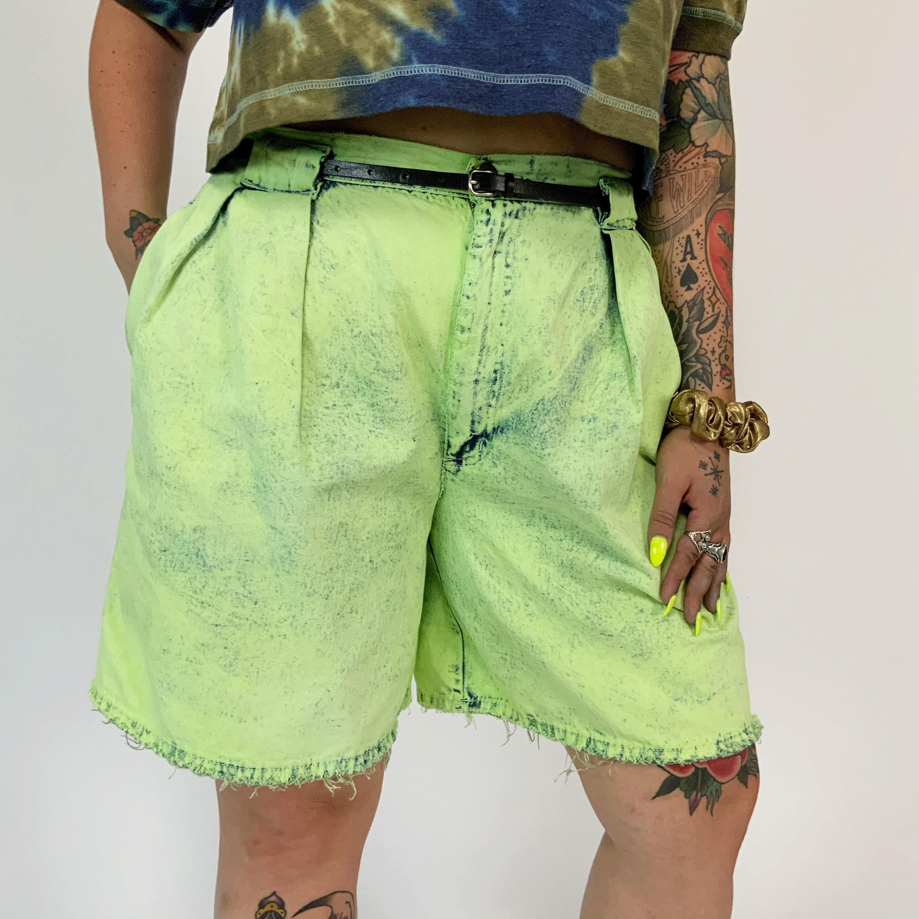 NEON Green Acid Wash Baggy Denim Shorts 