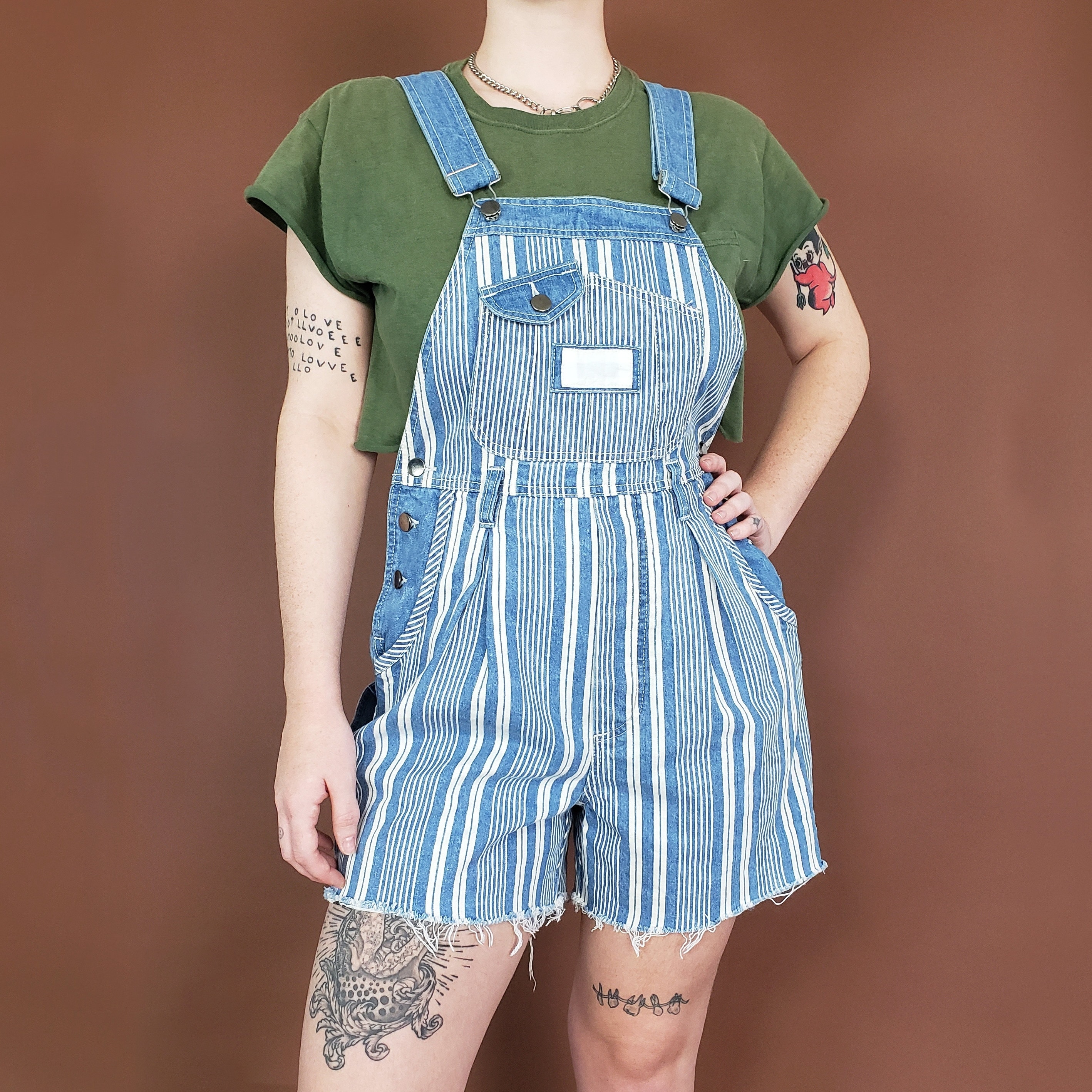 90s Blue \u0026 White Striped Overall Shorts 