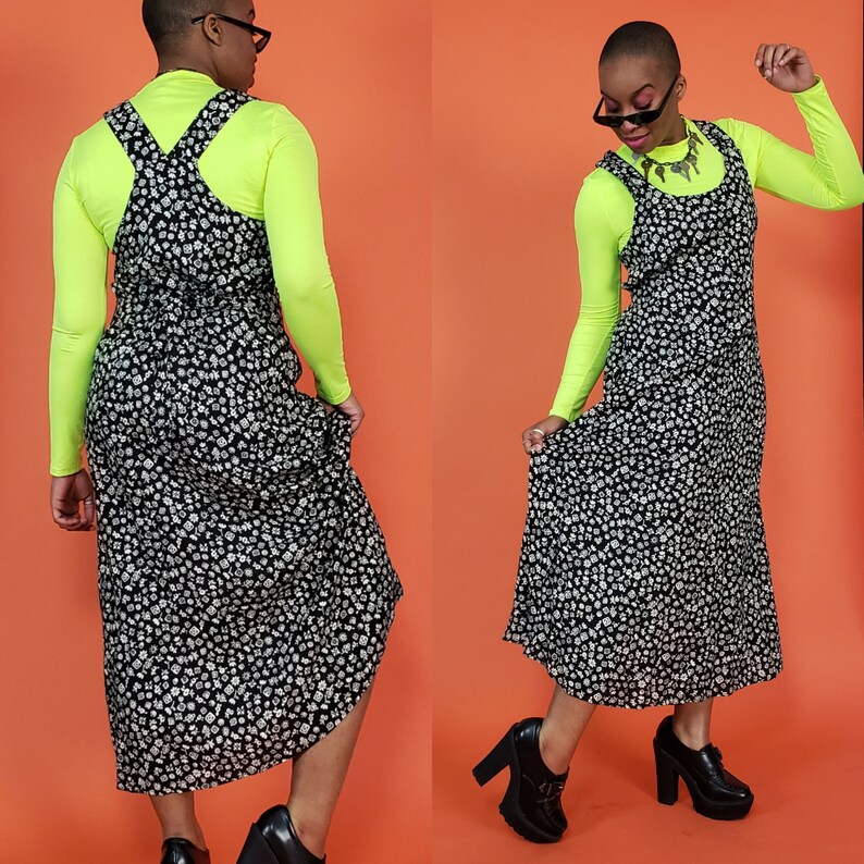 1990s Deadstock Overall Jumper Dress with Original Tags Long Grunge Boho Sundress 90/'s Vintage Black /& White Floral Maxi Dress Medium