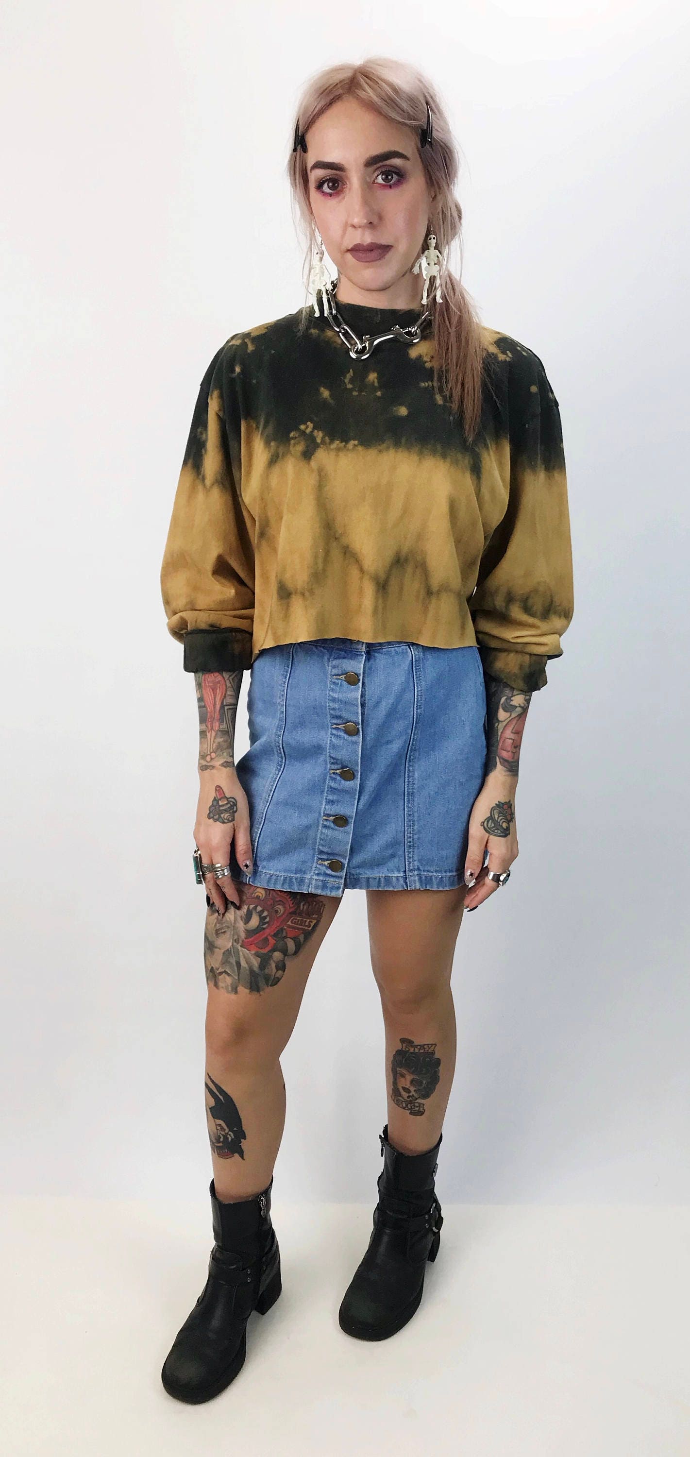 Download 90s Mock Neck Tie Dye Bleached Long Sleeve Cropped Tee ...
