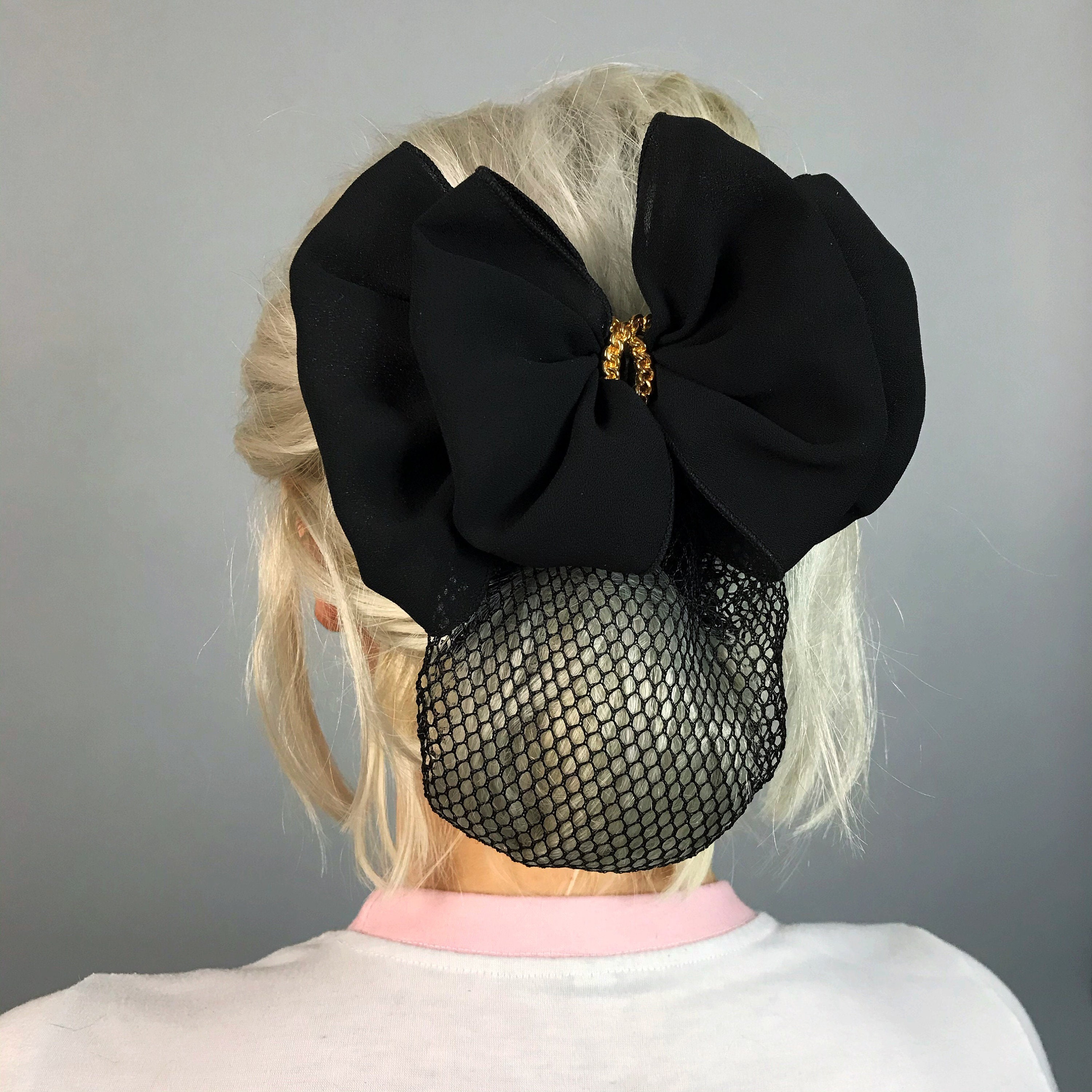 90 S Black Net Snood Hair Bow Basic French Clip Large Vtg