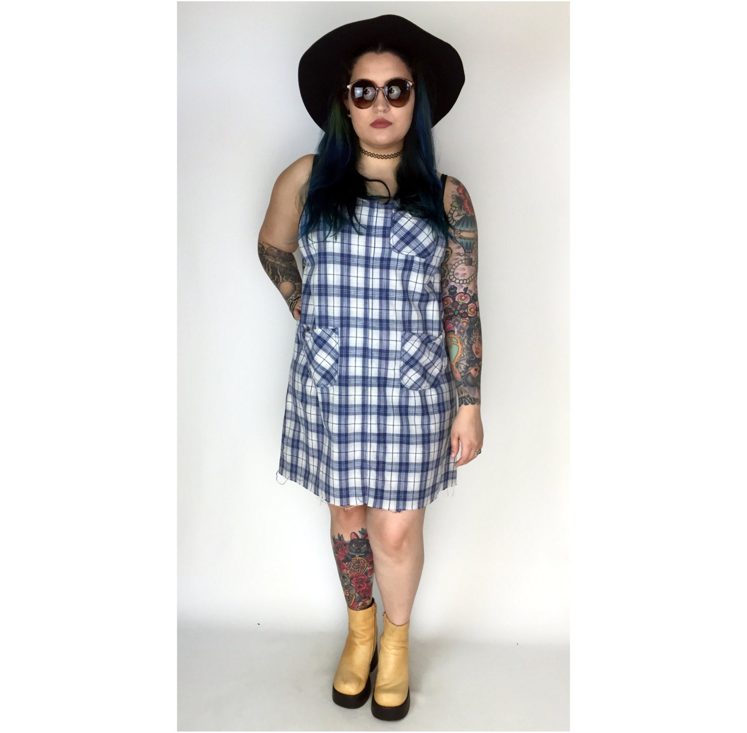 90s Plaid Jumper Dress XL Tan and Blue Overall Dress with Raw Fraying