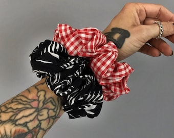 Handmade Hair Scrunchies 2 Pack - 90's Upcycled BIG Unique Scrunchies Stripes + Printed Red White Black Recycled Unique Hair Accessories