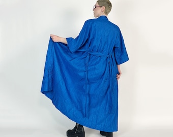 80's Vintage Trench Layer Robe Duster with Belt M/L - Long Blue Lightweight Textured Loose Statement Outerwear - Vintage Long Coverup