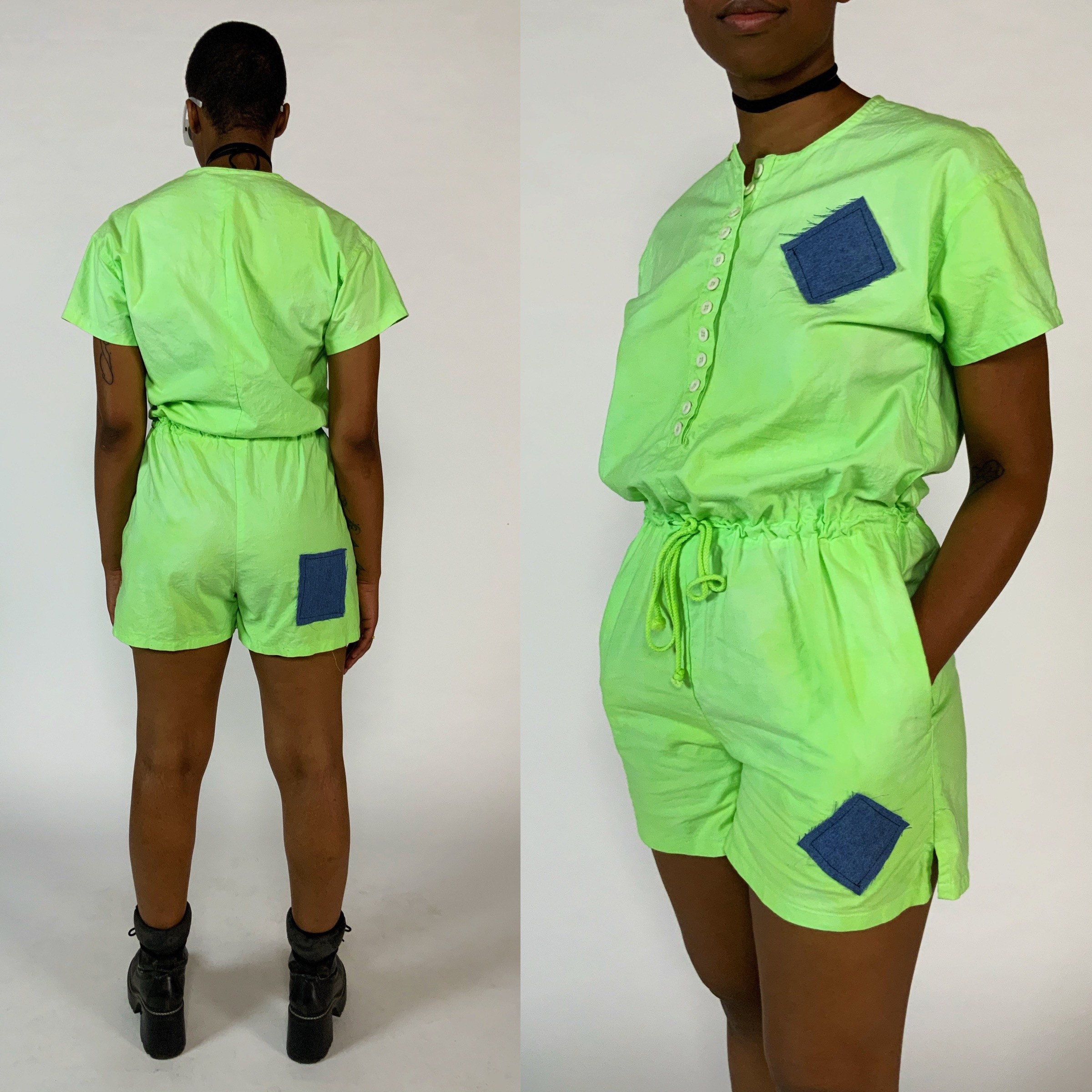 neon green denim playsuit