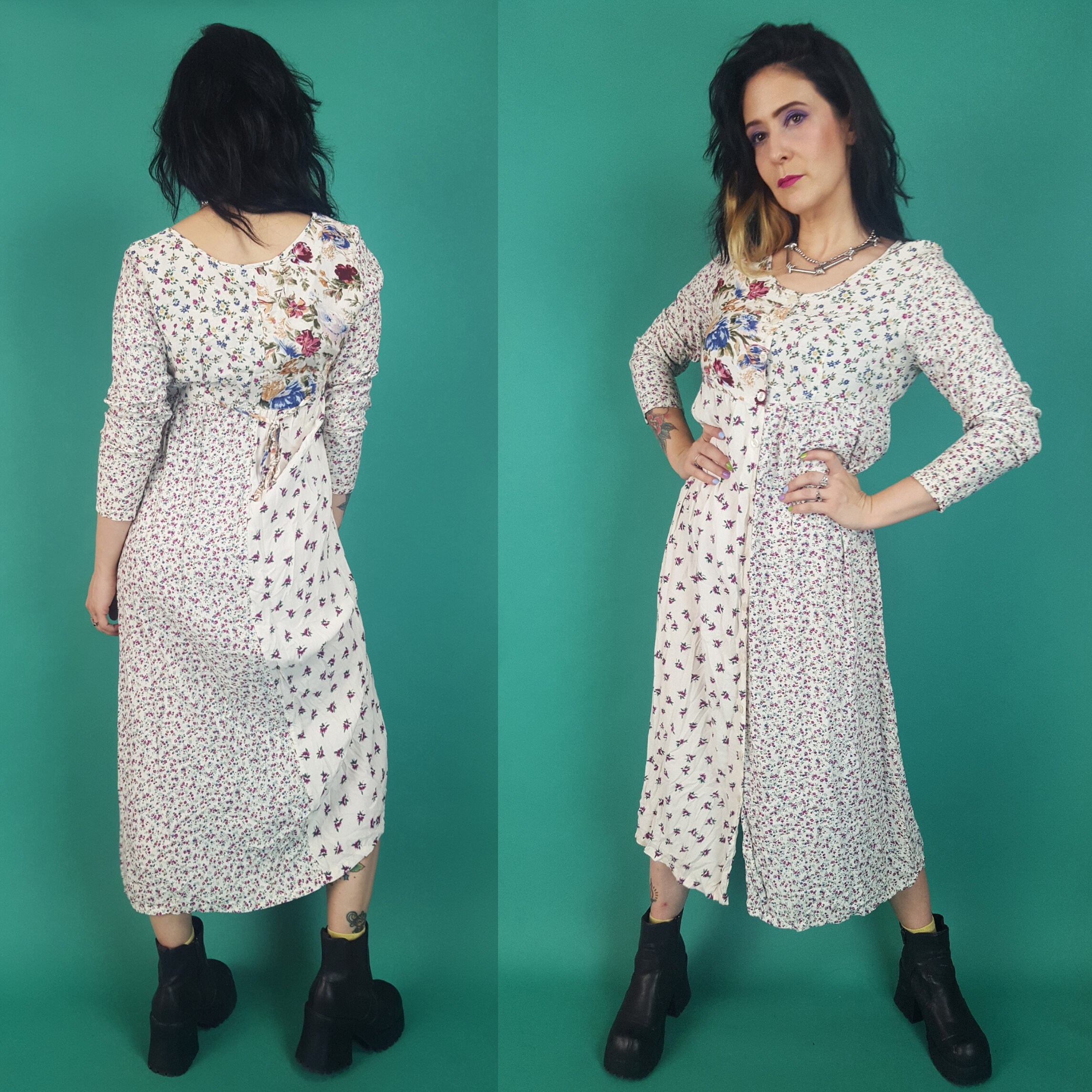 90 S White Floral Print Maxi Dress Small Medium Grunge Maxidress 1990s Vintage Long Sleeve Button Up Babydoll Dress