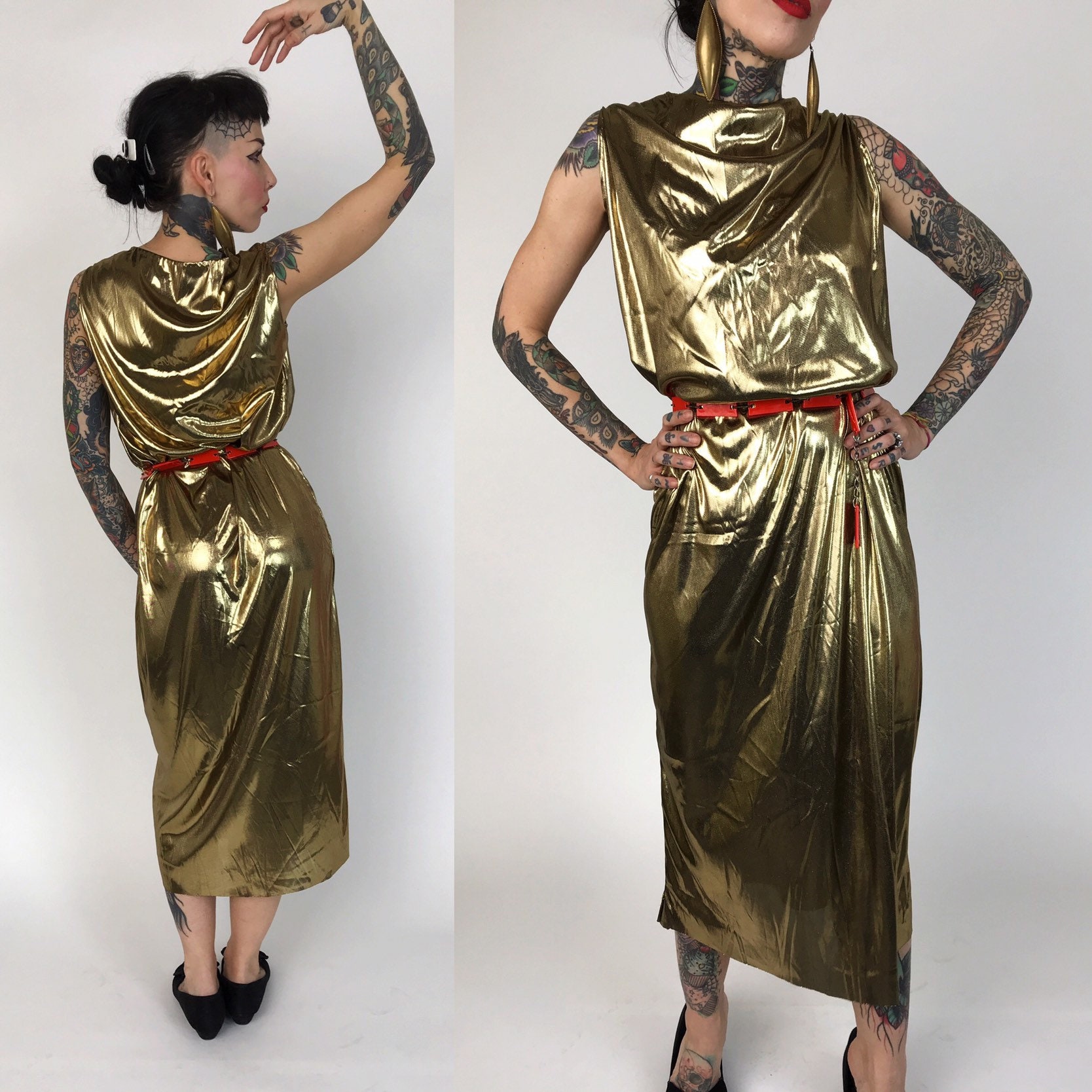 80's Handmade Metallic Gold Disco Dress Small - Handmade Unique Longline Slinky Sleeveless Midi 