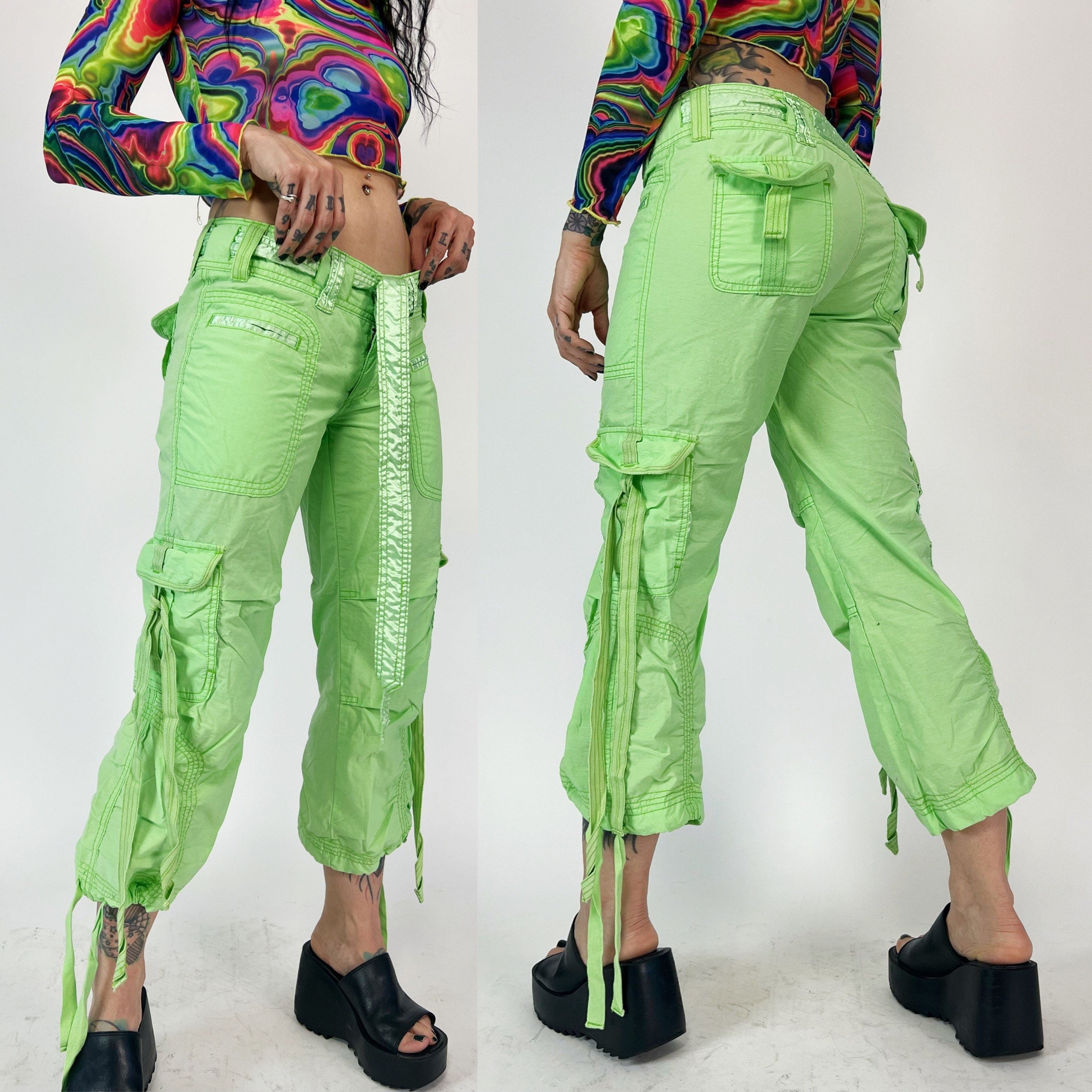 Bright Lime Green Wide Leg Nylon Cargo Pants | Lime Lush
