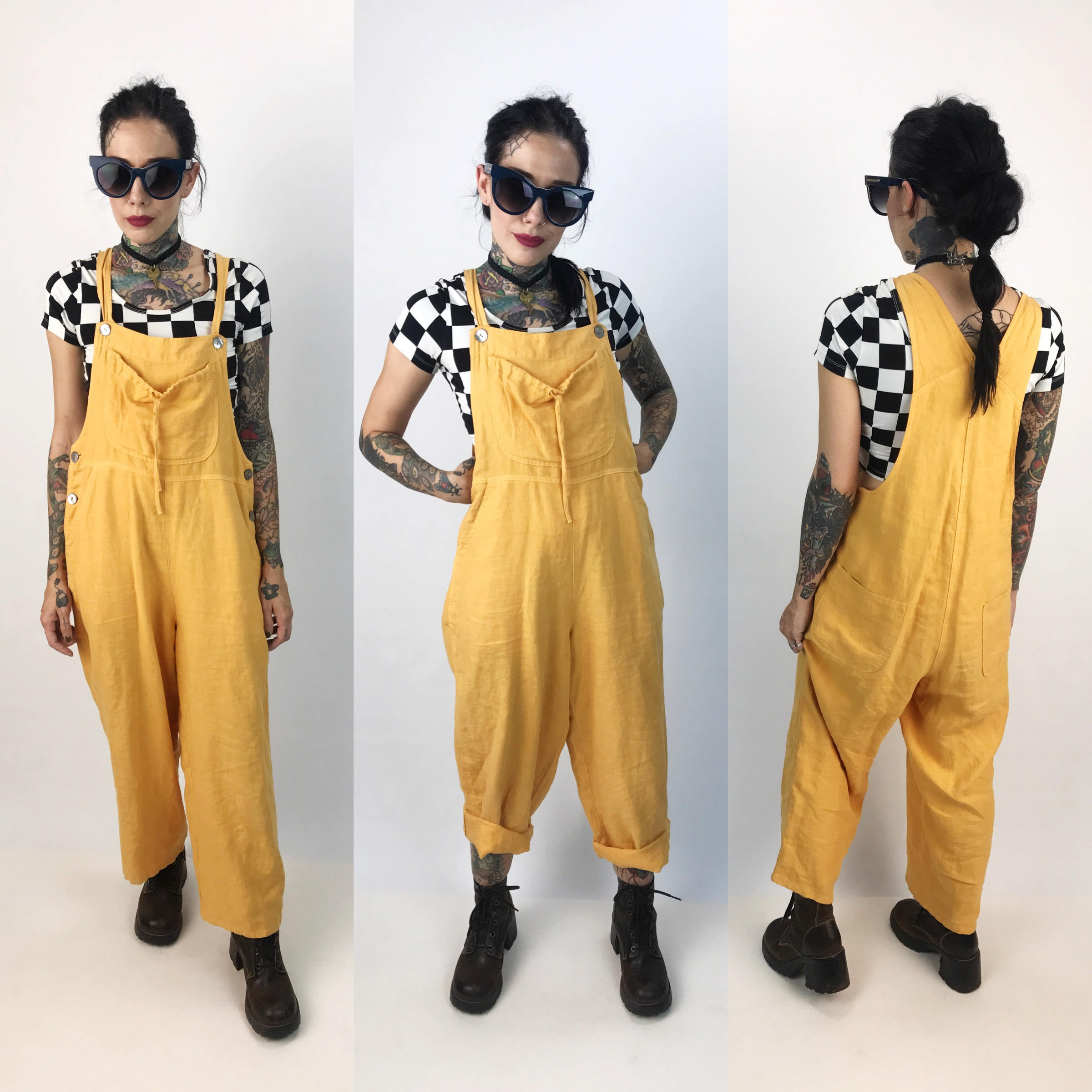 yellow baggy overalls