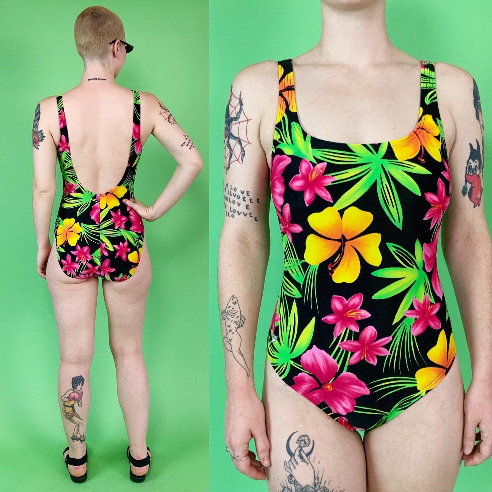 Y2K Tropical Neon One Piece Swimsuit 7 8 Black Pink Green Etsy Ireland